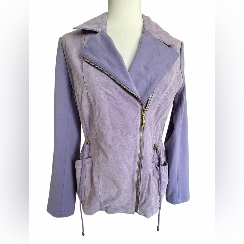 IMAN Genuine Suede Leather Moto Jacket Lilac Purple Lavender Knit Sleeve S NWOT